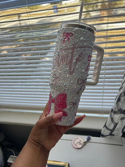 Pink Bow Pearl & Rhinestone Tumbler