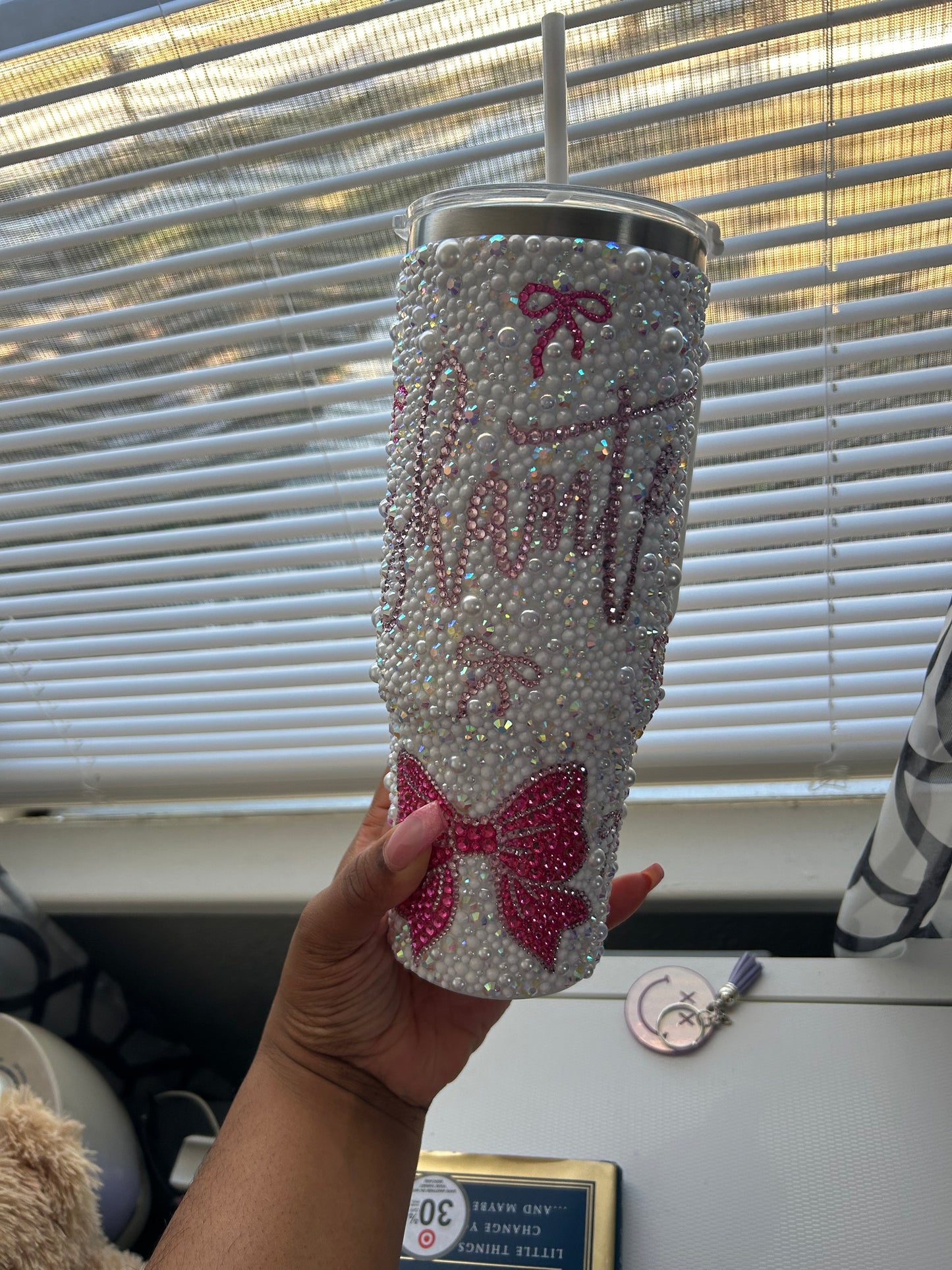 Pink Bow Pearl & Rhinestone Tumbler