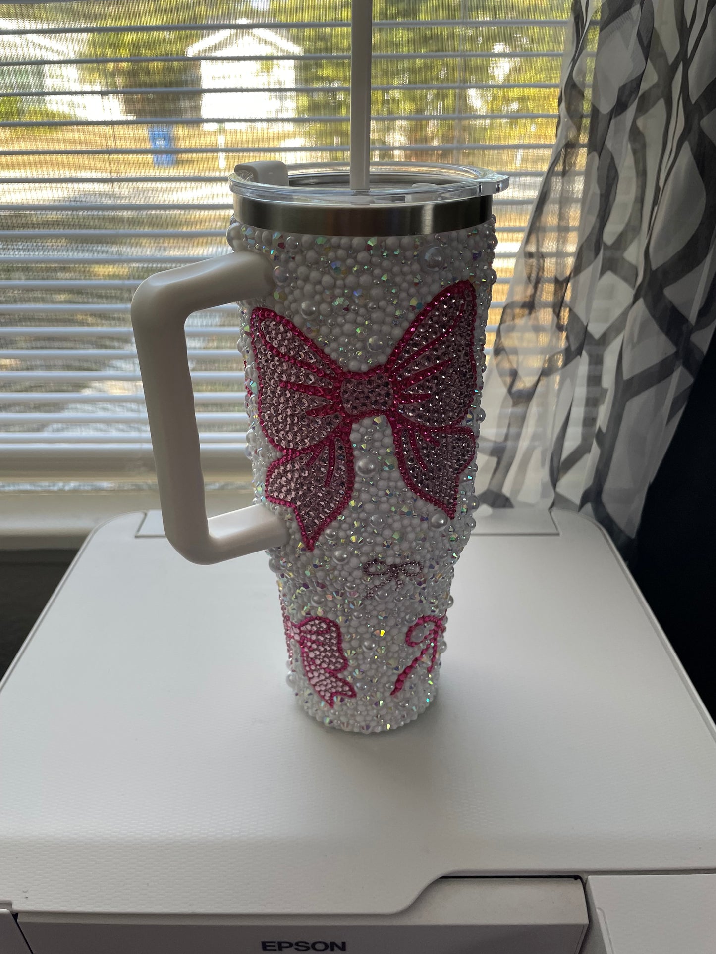 Pink Bow Pearl & Rhinestone Tumbler