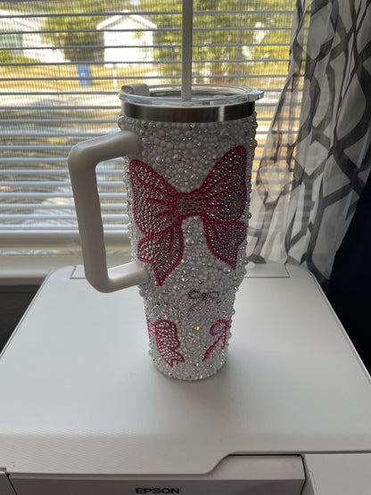 Pink Bow Pearl & Rhinestone Tumbler
