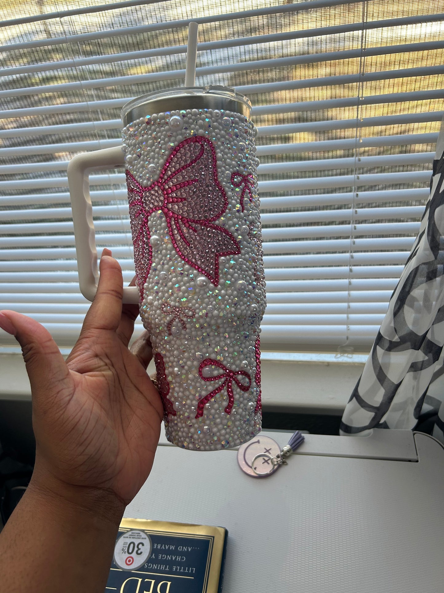 Pink Bow Pearl & Rhinestone Tumbler